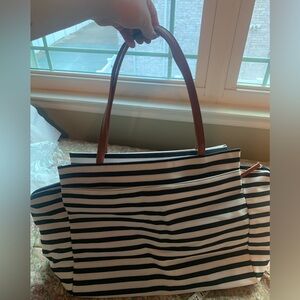 Large Navy and White Striped Tote Bag with Brown Accents